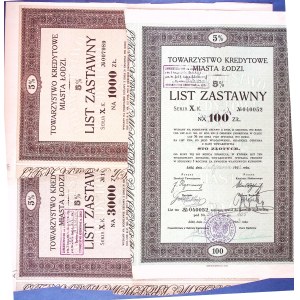 Tow. Kredytowe m. Łodzi, 3 Listy Zastawne ser. X na 100. 1000 i 3000 zł, Łódź 193.