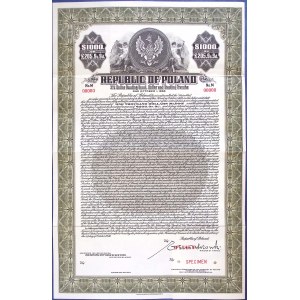 République de Pologne, obligation de 1 000 $/205 livres à 6 ans et 9 jours de 1936 - modèle