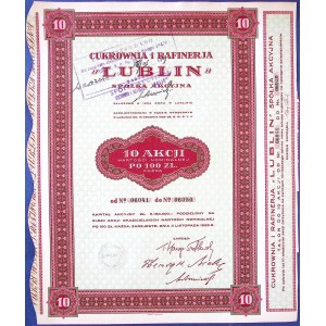 LUBLIN Sugar Factory and Refinery, 10 shares at 100 zł each, 1925.