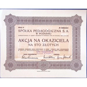 Société pédagogique de Poznań, action de série B d'une valeur de 100 zł.