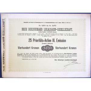 Chemin de fer local de Novo-Bukovine, 25 actions privilégiées de la 3e émission à 400 couronnes chacune, Tchernivtsi, 1909.