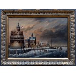 B. Lambert vel Karl Kaufman (1843-1905), B. Lambert vel Karl Kaufman (1843-1905) Nabrzeże holenderskiego miasta w porze zimowej ol/deska z parkietem, 41x60 cm w złoconej rami