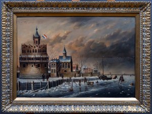 B. Lambert vel Karl Kaufman (1843-1905), B. Lambert vel Karl Kaufman (1843-1905) Nabrzeże holenderskiego miasta w porze zimowej ol/deska z parkietem, 41x60 cm w złoconej rami
