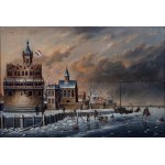 B. Lambert, also known as Karl Kaufman (1843–1905), B. Lambert, also known as Karl Kaufman (1843–1905) A Dutch city waterfront in winter, oil on panel with parquet, 41 x 60 cm, in a gilded frame