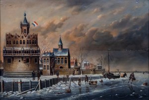 B. Lambert vel Karl Kaufman (1843-1905), B. Lambert vel Karl Kaufman (1843-1905) Nabrzeże holenderskiego miasta w porze zimowej ol/deska z parkietem, 41x60 cm w złoconej rami