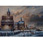 B. Lambert, also known as Karl Kaufman (1843–1905), B. Lambert, also known as Karl Kaufman (1843–1905) A Dutch city waterfront in winter, oil on panel with parquet, 41 x 60 cm, in a gilded frame