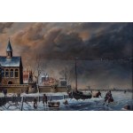 B. Lambert, also known as Karl Kaufman (1843–1905), B. Lambert, also known as Karl Kaufman (1843–1905) A Dutch city waterfront in winter, oil on panel with parquet, 41 x 60 cm, in a gilded frame