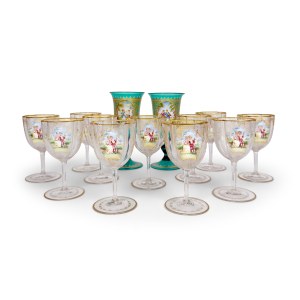 Eleven glass glasses partly engraved, gilded and painted in polychromy, Murano