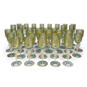 Glassware set in blue, gilded, and painted blown glass, Murano