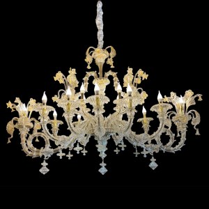 Twenty-two-light colorless and golden glass boat-shaped chandelier, Murano