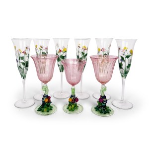 Six flutes painted in polychrome with floral motifs