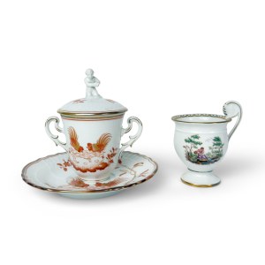 A creamer with a lid and saucer, along with a coffee cup, by Richard Ginori