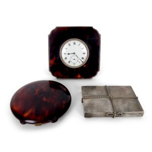 Tortoise-shell powder compact and alarm clock with a sterling silver mount