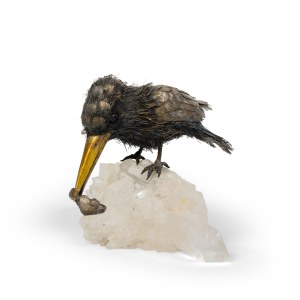 Kingfisher with fish in its beak, sculpture in silver and silver wire