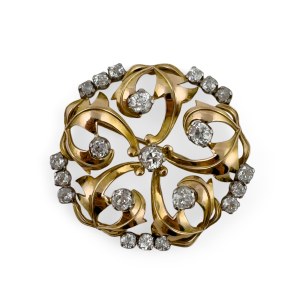 18-karat yellow gold brooch. Circular in shape, set with old-cut diamonds totaling approximately 0.7 carats.