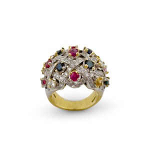 18kt white and yellow gold ring with diamonds, sapphires and rubies for approximately 1.5 ct