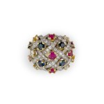 18kt white and yellow gold ring with diamonds, sapphires and rubies for approximately 1.5 ct