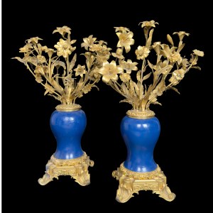 Pair of blue porcelain and gilt bronze candlesticks, France, 19th century