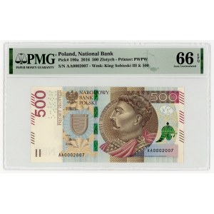 500 zlotých 2016, séria AA 0002007, PMG 66 EPQ