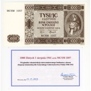 1.000 zloty 1941, ricostruzione del 2004 Krakowiak, serie MCSM 1057, certificato di Czesław Miłczak