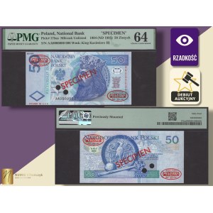 50 zlotých 1994, séria AA 0000000, SPECIMEN č. 006, PMG 64