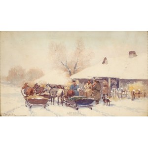 Adam Setkowicz (1876-1945), Scène hivernale – devant une cabane