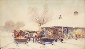 Adam Setkowicz (1876-1945), Scena zimowa - przed chatą