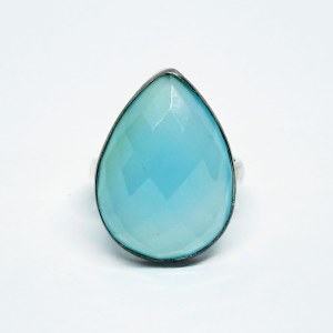 Silver ring with a teardrop-shaped blue chalcedony