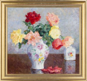 Zofia Albinowska (1886-1971), Pastelowe róże w kwiecistym wazonie