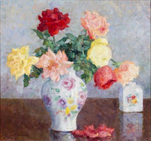 Zofia Albinowska (1886-1971), Pastelowe róże w kwiecistym wazonie