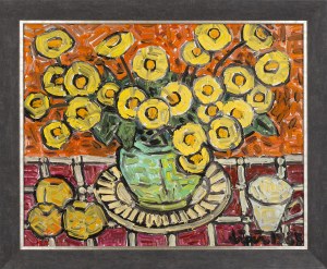 Romana Lipeż (1917-2003), Żółte jaskry w turkusowym wazie, 1984