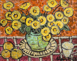 Romana Lipeż (1917-2003), Żółte jaskry w turkusowym wazie, 1984