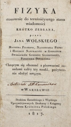 Jan Wolski, Fizyka stosownie do teraźniejszego stanu wiadomości [1817]