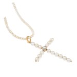 A cross-shaped pendant with a pearl necklace, mid-20th century