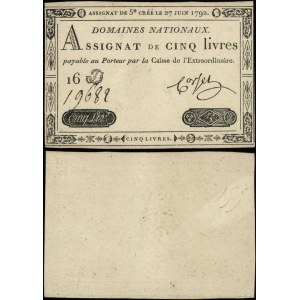 France, 5-livre assignat, June 27, 1792