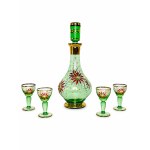 Uranium glass | Decanter and 4 shot glasses | 24-karat gold plating | Czechoslovakia, second half of the 20th century