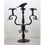 Handcrafted two-armed wrought-iron candlestick with a bird—1960s