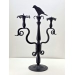 Handcrafted two-armed wrought-iron candlestick with a bird—1960s