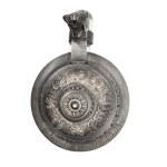 A glass mug with an ornate pewter lid and a figure of Germania