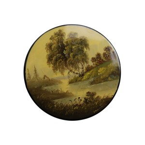 Russia, Fedoskino lacquer box - Landscape with birch trees, signature