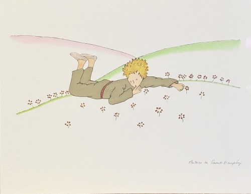 Antoine de Saint-Exupéry (1900 - 1944), „Mały Książę odpoczywa wśród kwiatów” z cyklu Mały Książę, 2023 (1943)