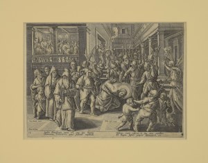 Adriaen COLLAERT (ok. 1560-1618) - rytował, prawdopodobnie Jan VAN DER STRAET rysował, Chrystus przed Sanhedrynem [Pojmanie Chrystusa]