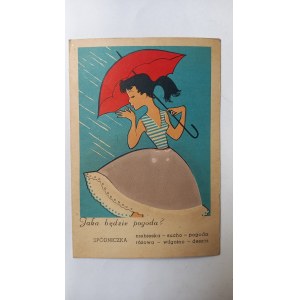 Obrazový vlhkoměr (higrometr), pohlednice „Jaké bude počasí?“ cca 1930