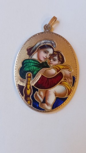 Medalion Matka Boska z Dzieciątkiem złoto emalia XIX w.