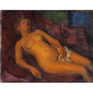 Leonid Frechkop (1897 Mosca - 1982 Bruxelles), Nudo femminile disteso su un tessuto rosso, 1954
