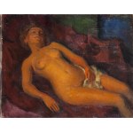 Leonid Frechkop (1897 Moskwa - 1982 Bruksela), Żeński akt leżący na czerwonej tkaninie, 1954