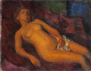 Leonid Frechkop (1897 Moskwa - 1982 Bruksela), Żeński akt leżący na czerwonej tkaninie, 1954