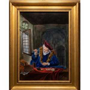 Pierre Restoueix (Limoges), Placca in smalto raffigurante un pesatore d oro da Salomon Koninck cm 16x12