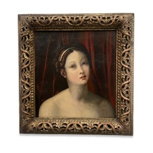 Antique painting on wood panel - Portrait of a Young Girl in Ecstasy, 45.5 x 42.5 cm, with a relief-carved openwork frame