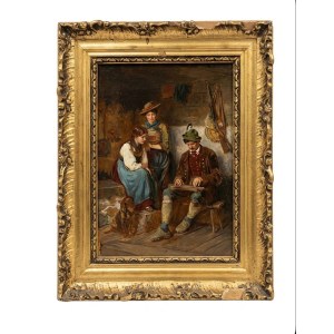 Ölgemälde auf Holz „Genreszene in einem Innenraum“ – Anhänger von Franz von Defregger – ca. 38 × 30 cm (19 cm) mit Rahmen
